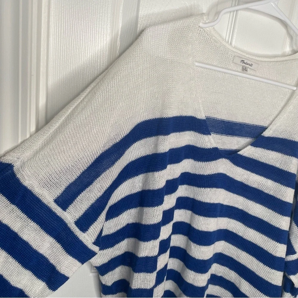 Madewell Linen V-Neck Sweater Beach Vacation Preppy in Sapphire Blue Stripe 2X